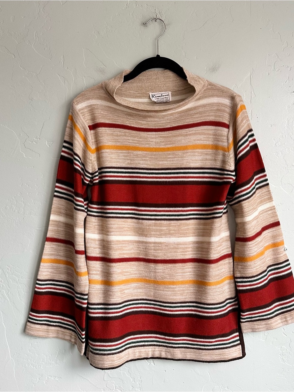 Vintage 1970s Kimlon Classic Retro Stripe Bell Sleeve Tunic Sweater Preppy Fall